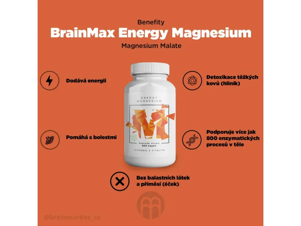 BrainMax Energy Magnesium, 1000 mg, 200 kapslí (Magnesium Malate - Hořcík malát, 164 mg)