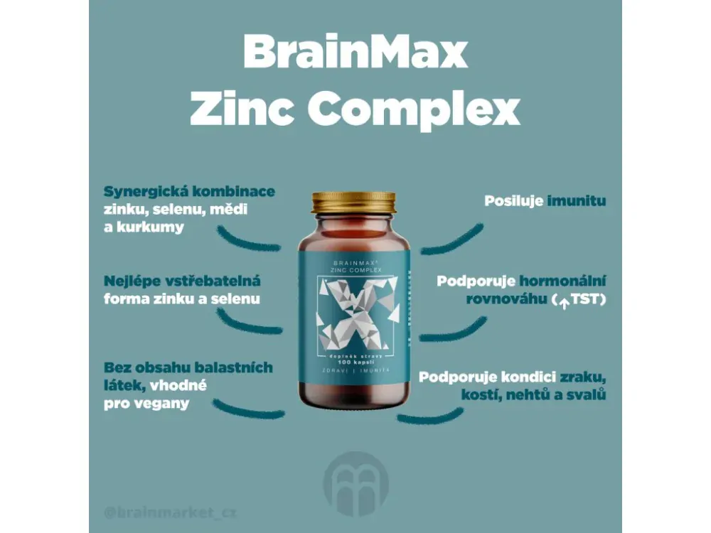 BrainMax Zinc Complex, Zinek, Selen, Měď a Kurkuma, 100 rostlinných kapslí